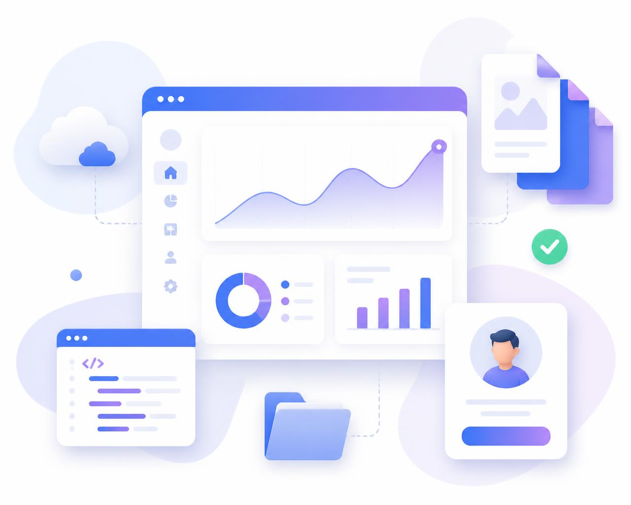 Illustration of a digital dashboard, documents, software and a member area